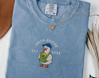 Personalized Dad Goose Embroidered Tee, New Daddy Gift, Baby Wearing Goose Shirt, Father's Day Gift for Dad, Comfort Colors Shirt
