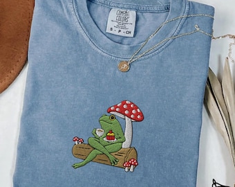 Embroidered Frog T-Shirt, Comfort Colors Mushroom Tee, Cottagecore Animal Shirt