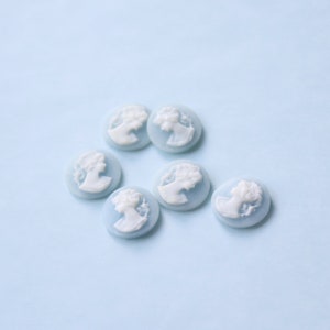 6 Round Blue and White Resin Cameos  - 12mm