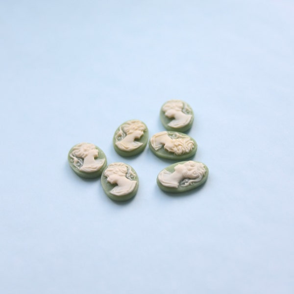 6 Small Chartreuse Green Cameos  - 14x10mm