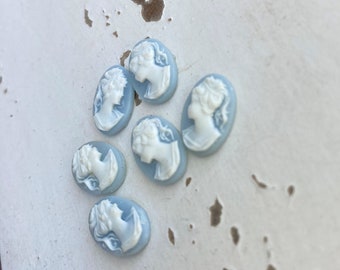 6 Small Blue and White Cameos  - 14x10mm