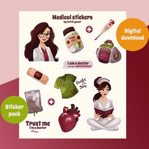 Medical kawaii pharmacist digital stickers bundle. Printable stickers for doctors, nurses,  students. Funny medical phrases. Custom cliparts
