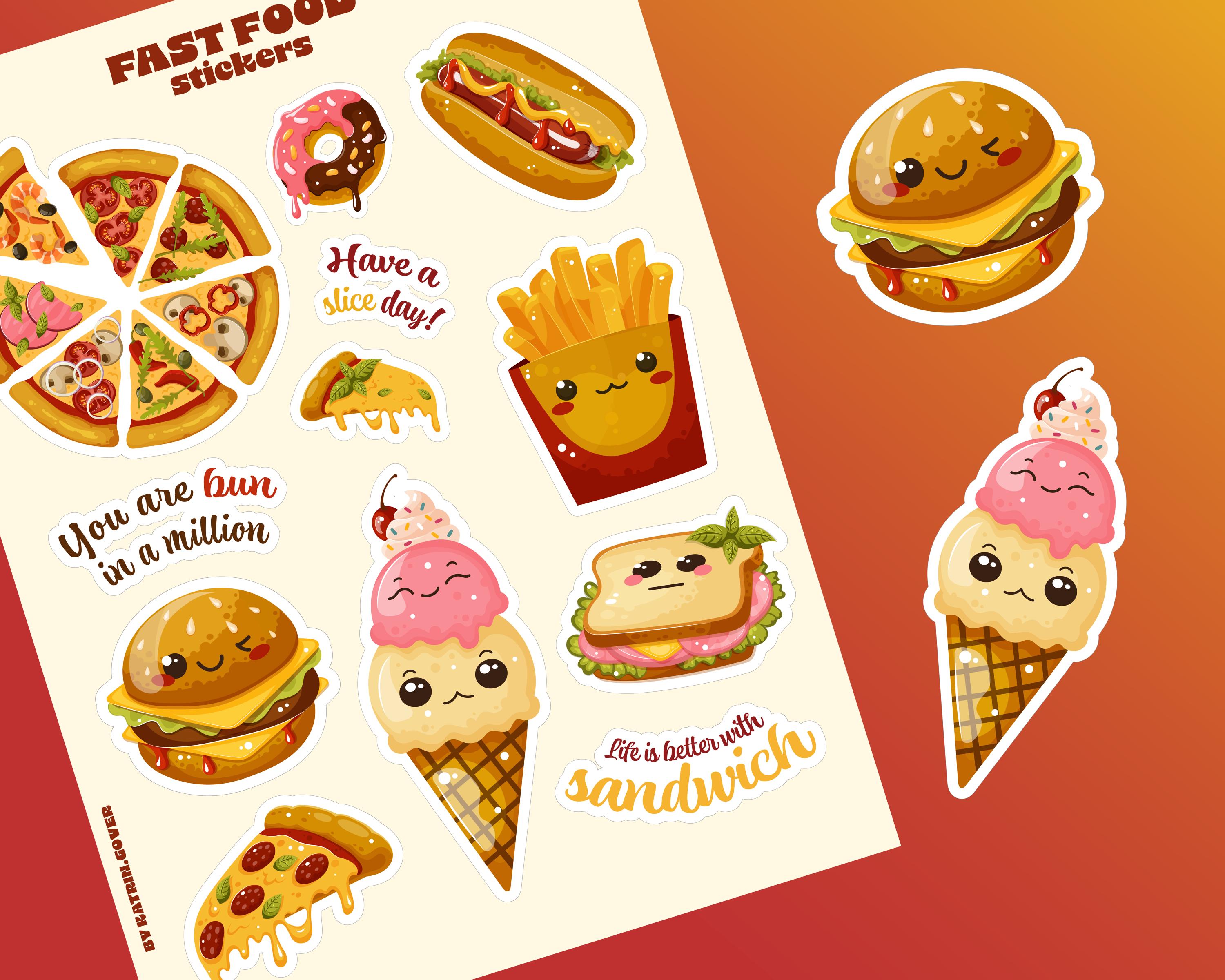 Slice Sticker Design Handmade Sticker Set, Burger Pizza Slices Sandwich Donut and Funny ...
