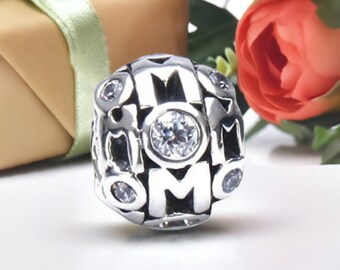 Mom Mother's Day Special - Gift Bead Charm w/12 Clear CZ Stones - Sterling Silver - Fits Pandora & Compatible Bracelets - BELLA FASCINI