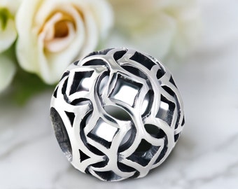 Diamond Weave Ball Bead Charm - Sterling Silver - Fits Pandora and Compatible European Brand Bracelets and Bangles - BELLA FASCINI® F-63N