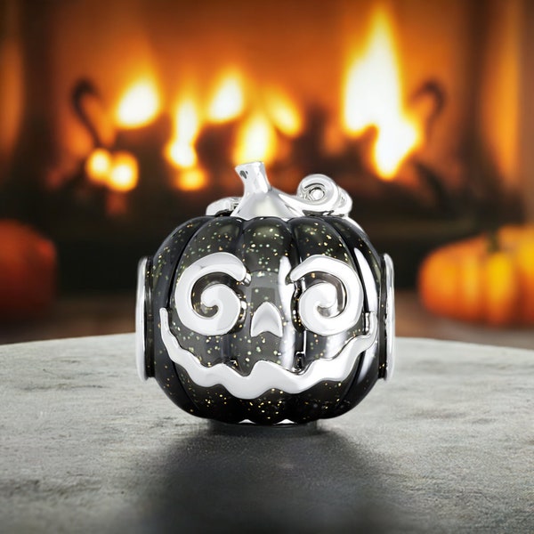 Jack Pumpkin Halloween Bead Charm - Black Magic Enamel - 925 Silver - Fits Pandora and Compatible Brand Bracelets - BELLA FASCINI® F-107