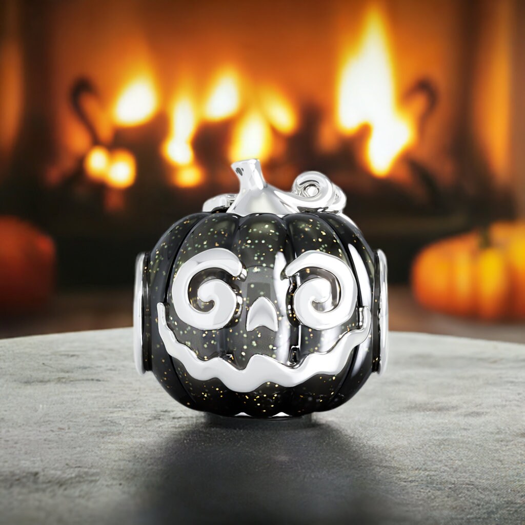 Jack Pumpkin Halloween Bead Charm Black Magic Enamel 925
