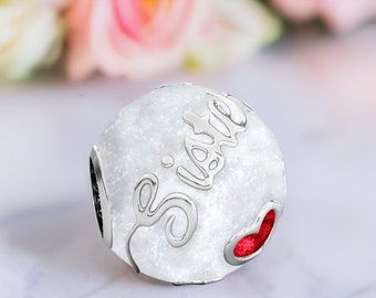 SISTER Family Enamel Bead Charm - Authentic BELLA FASCINI® - White & Red - Sterling Silver - Fits Pandora and Compatible European Bracelets