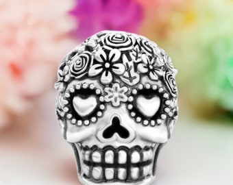 Sugar Skull Dia de los Muertos Bead Charm Flower Bouquet 925 Silver  Fits and Compatible Brand Bracelets BELLA FASCINI® F-118