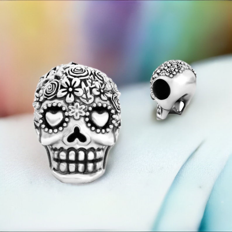 Sugar Skull Dia de los Muertos Bead Charm Flower Bouquet 925 Silver Fits Pandora and Compatible Brand Bracelets BELLA FASCINI® F-118 image 2