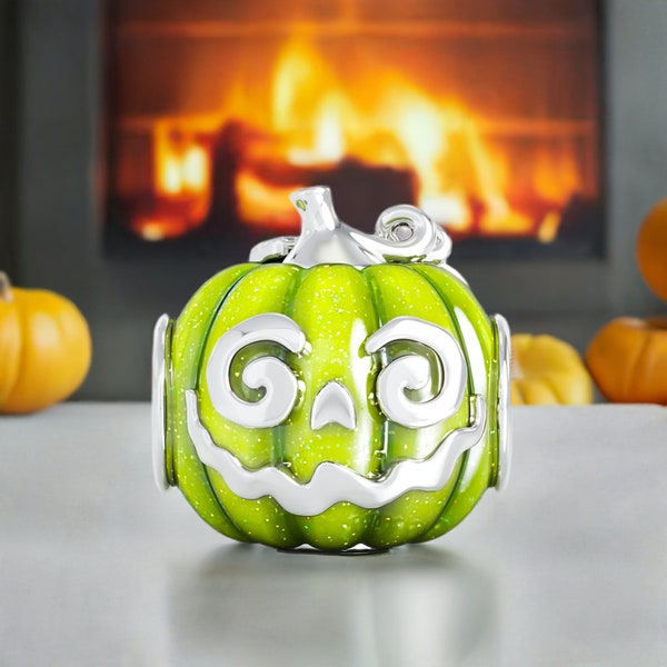 Apple Jack Pumpkin Halloween Bead Charm - Green Enamel - 925 Silver - Fits Pandora and Compatible Brand Bracelets - BELLA FASCINI® F-110