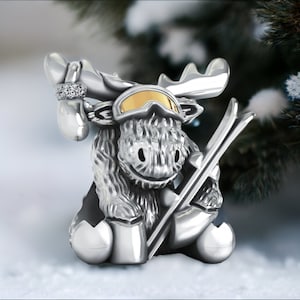 Winter Ski Moose Charm: 18K Gold Goggles, Sterling Silver, Fits Pandora Bracelets