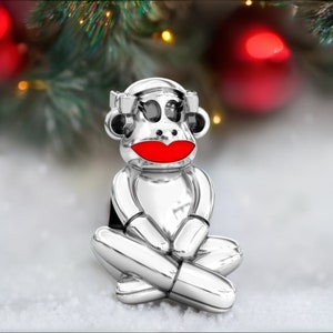 Cute Sock Monkey Girl with Bow Bead Charm 925 Sterling Silver Fits Pandora and Compatible European Brand Bracelets BELLA FASCINI® F-12 image 1