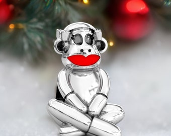 Cute Sock Monkey Girl with Bow Bead Charm - 925 Sterling Silver - Fits Pandora and Compatible European Brand Bracelets - BELLA FASCINI® F-12