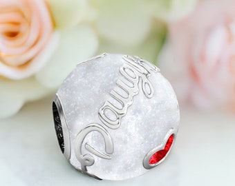 DAUGHTER Family Enamel Bead Charm - Authentic BELLA FASCINI® - White & Red - Sterling Silver - Fits Pandora and Compatible Brand Bracelets