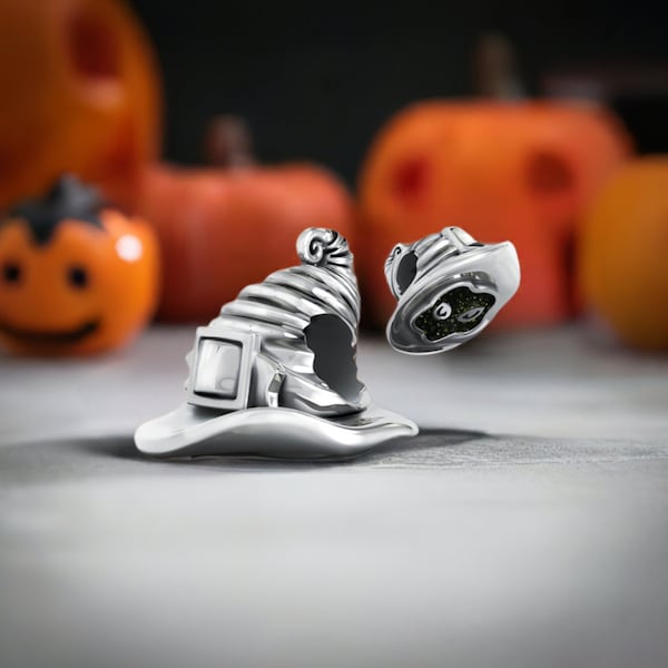 Witch Hat with Enamel Cat Halloween Bead Charm - 925 Sterling Silver - Fit Pandora and Compatible Brand Bracelets - BELLA FASCINI® F-126