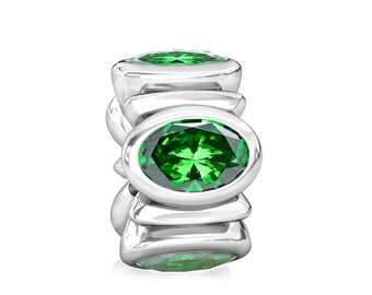 CZ Oval Lights Bead Charm - Emerald Green - Sterling Silver - Fits Pandora and Compatible European Brand Bracelets - BELLA FASCINI® F-105