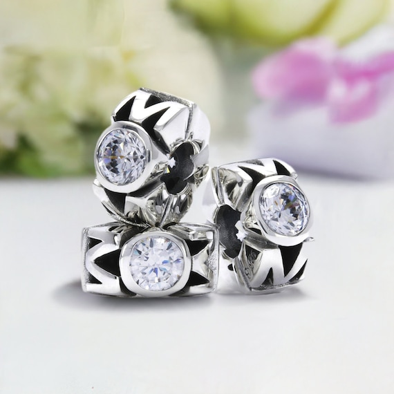 Mom Mother's Day Special Gift Bead Charm W/two 5mm Clear CZ