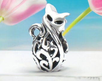 Very Petite Kitty Cat Filigree Scroll Bead Charm - Sterling Silver - Fits Pandora and Compatible Bracelets - BELLA FASCINI®