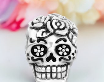 Sugar Skull Dia de los Muertos Bead Charm - Original - Sterling Silver - Fits Pandora and Compatible Brand Bracelets - BELLA FASCINI® F-137