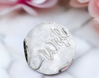 WIFE Family Enamel Bead Charm - Authentic BELLA FASCINI® - White & Pink - Sterling Silver - Fits Pandora and Compatible European Bracelets