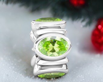 CZ Oval Lights Bead Charm - Peridot Green - Sterling Silver - Fits Pandora and Compatible European Brand Bracelets - BELLA FASCINI® F-104