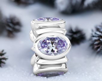 CZ Oval Lights Bead Charm - Amethyst Purple - Sterling Silver - Fits Pandora and Compatible European Brand Bracelets - BELLA FASCINI® F-100