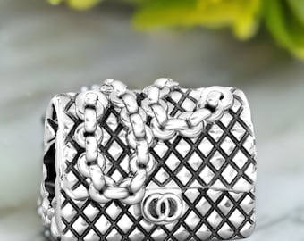 Designer Purse Bead Charm - Quilted Chain Shoulder Bag - 925 Silver - Fits Pandora and Compatible Brand Bracelets - BELLA FASCINI® F-74