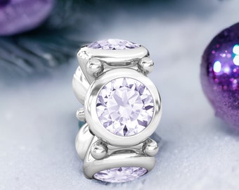 CZ Round Lights Bead Charm - Light Amethyst - 925 Silver - Fits Pandora and Compatible European Brand Bracelets - BELLA FASCINI® F-158