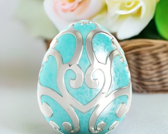 Spring Easter Egg Charm Bead - 925 Sterling Silver Scroll with AQUA Luxe Color Enamel - Universal Core Fits Pandora - BELLA FASCINI® F-182