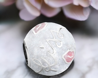 Your KISS Enamel Bead Charm - Pink and White Sparkle - Sterling Silver - Fits Pandora and Compatible Bracelets - BELLA FASCINI® F-27