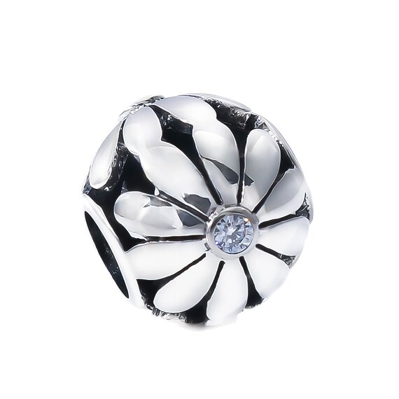 Daisy Flower Charm: Clear CZ, Sterling Silver, Fits Pandora Bracelets
