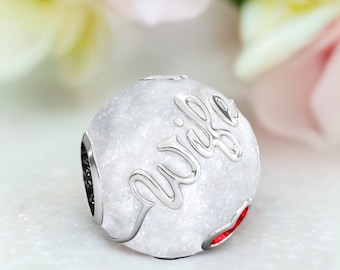 WIFE Family Enamel Bead Charm - Authentic BELLA FASCINI® - White & Red - Sterling Silver - Fits Pandora and Compatible European Bracelets