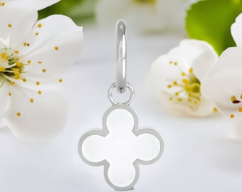 Quatrefoil Clover Dangle Charm Bead - 2-Sided White Enamel - Sterling Silver - Fits Pandora & Compatible Bracelets - BELLA FASCINI® F-209