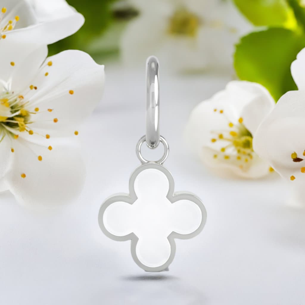 Quatrefoil Clover Dangle Charm Bead - 2-Sided White Enamel - Sterling Silver - Fits  & Compatible Bracelets - BELLA FASCINI® F-209
