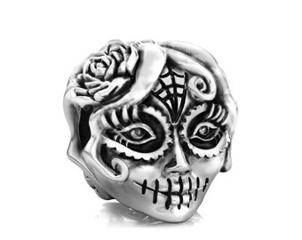 Dia de los Muertos Bead Charm - Sugar Skull Girl - 925 Sterling Silver - Fits Pandora and Compatible Brand Bracelets - BELLA FASCINI® F-114