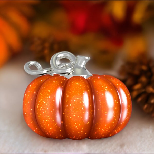 Fall Harvest Bracelet Bead Charm - Gourd Pumpkin - Orange Pearlescent - 925 Silver - Fit Pandora and Compatible Brands - BELLA FASCINI F-222