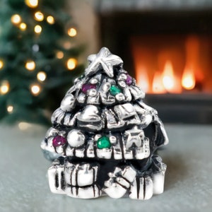 Christmas Tree with CZ Lights and Presents Bead Charm - 925 Silver - Fits Pandora and Compatible Brand Bracelets - BELLA FASCINI® F-129