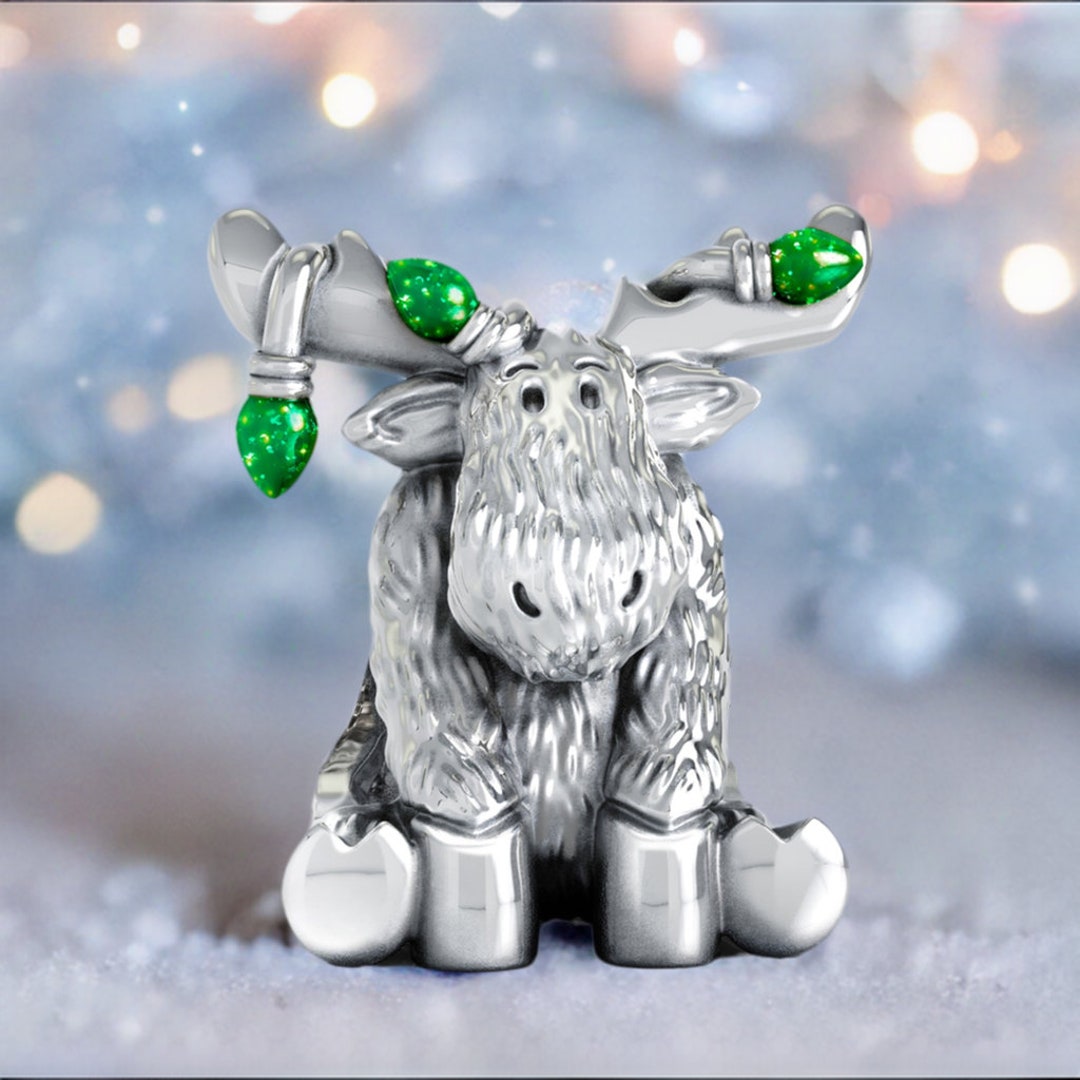 Christmas Moose Charm: Green Sparkle 925 Sterling Silver Bead