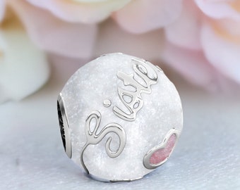 SISTER Family Enamel Bead Charm - Authentic BELLA FASCINI® - White & Pink - Sterling Silver - Fits Pandora and Compatible European Bracelets