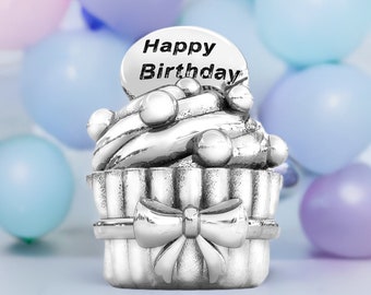 Happy Birthday Cupcake Gift Bead Charm - 925 Sterling Silver - Fits Pandora and Compatible European Brand Bracelets - BELLA FASCINI® F-138