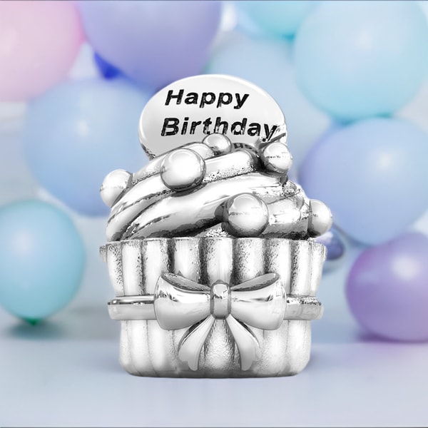 „Happy Birthday Cupcake“-Geschenkperlenanhänger – 925er Sterlingsilber – passend für Pandora- und kompatible europäische Markenarmbänder – BELLA FASCINI® F-138