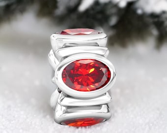 Light Garnet Red Oval CZ Charm – Sterling Silver, Universal Bracelet Fit