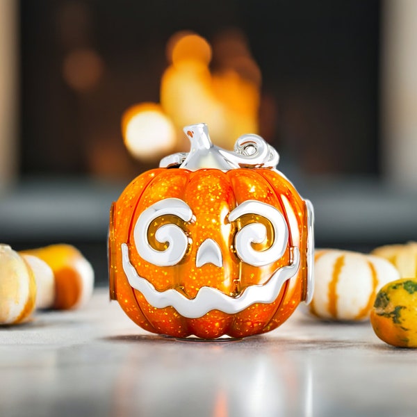 Jackie-O Pumpkin Halloween Bead Charm - Blaze Orange Enamel - 925 Silver - Fits Pandora and Compatible Bracelets - BELLA FASCINI® F-108