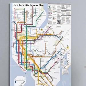 Può includere: Una grande stampa da parete rettangolare che raffigura la mappa della metropolitana di New York con linee di transito colorate, indicatori di stazione ed etichette di testo. La mappa mostra i quartieri di Manhattan, Queens e Brooklyn.
