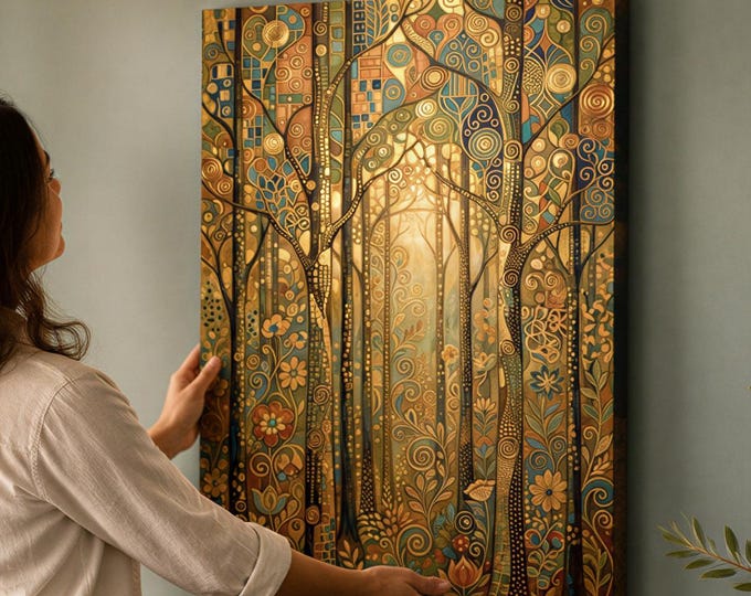 Klimt Forest Print, Nouveau Sunlit Trees Canvas Wall Decor - Ornate Gold Teal Design | Canvas Fabric, Various Sizes