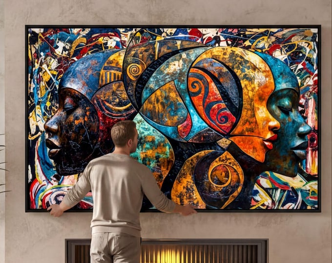 Abstract African Faces Canvas Print, Afrocentric Wall Art, Colorful Black Woman Expressionist Poster