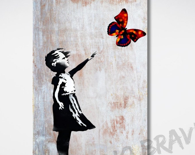 Colorful Butterfly Girl Canvas Wall Art, Banksy Street Art, Trendy Wall Decor, Christmas Gift Banksy Wall Art, Graffiti Wall Art Gift Canvas