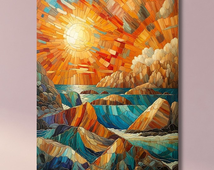 Long Sunshine Canvas, Bedroom Wall Art, Sunrise Mosaic Wall Art Above Panoramic Sun Wall Art Christmas Gift Artwork Sunset Canvas Wall Art