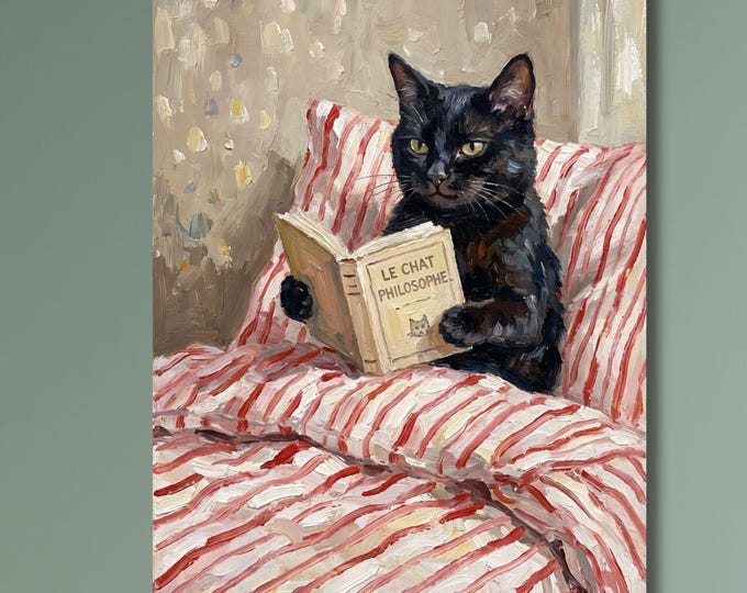Canvas Wall Art, Black Cat Reading Book Print, Funny Philosopher Cat Bed, Whimsical Pet Lover Bedroom Wall Decor
